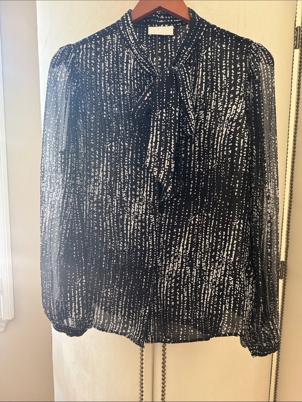 7 For All Mankind Black & White Printed Tie-Neck Blouse